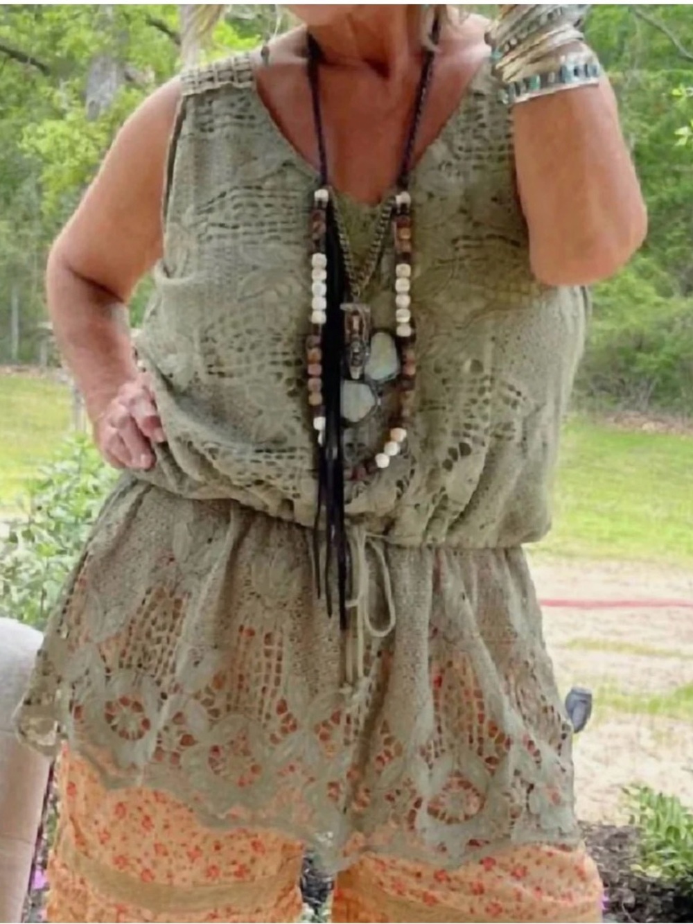 Jaded Gipsy Crochet V-Neck Tunic sleeveless Tank Top - Olive Size:OS fits most